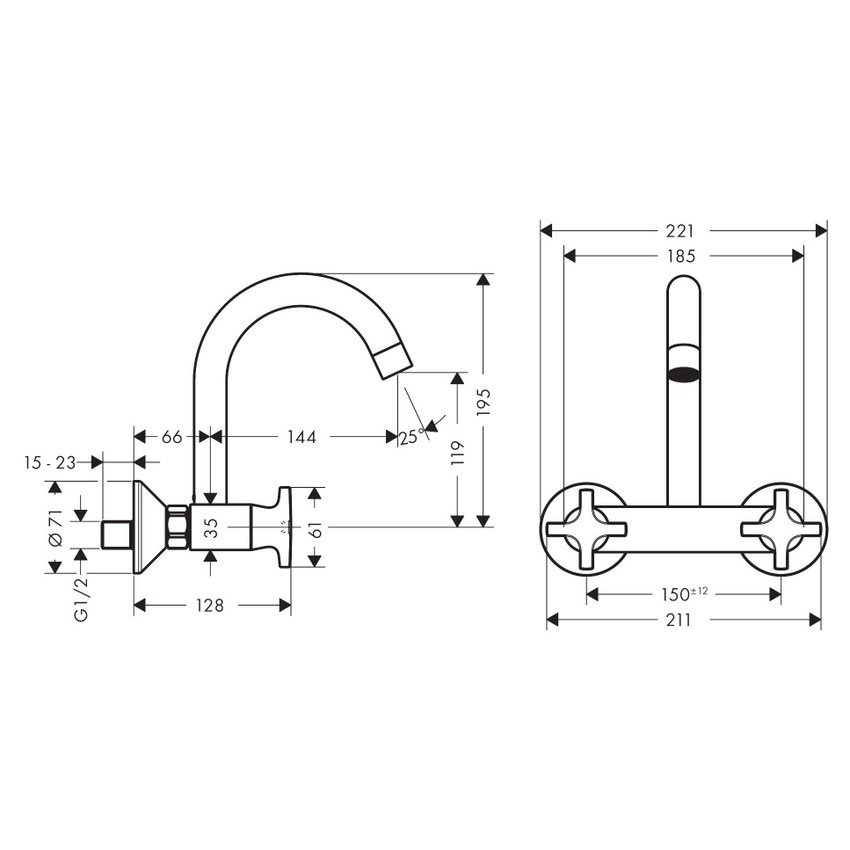 Immagine di Hansgrohe LOGIS CLASSIC rubinetteria cucina 2 maniglie, a parete, bocca d'erogazione alta, finitura cromo 71286000
