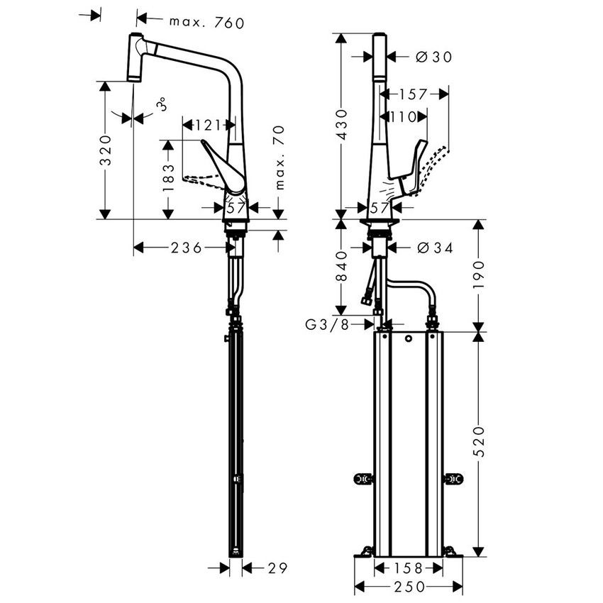 Immagine di Hansgrohe M71 miscelatore cucina monocomando H.43 cm, con bocca d'erogazione estraibile, finitura cromo 73801000