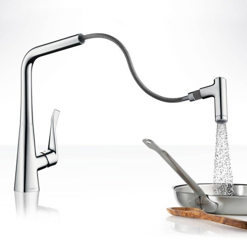Immagine di Hansgrohe METRIS miscelatore cucina monocomando 320, con doccetta estraibile, finitura acciaio inox 14820800
