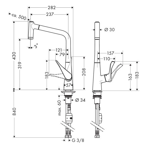 Immagine di Hansgrohe METRIS miscelatore cucina monocomando 320, con doccetta estraibile, finitura acciaio inox 14820800