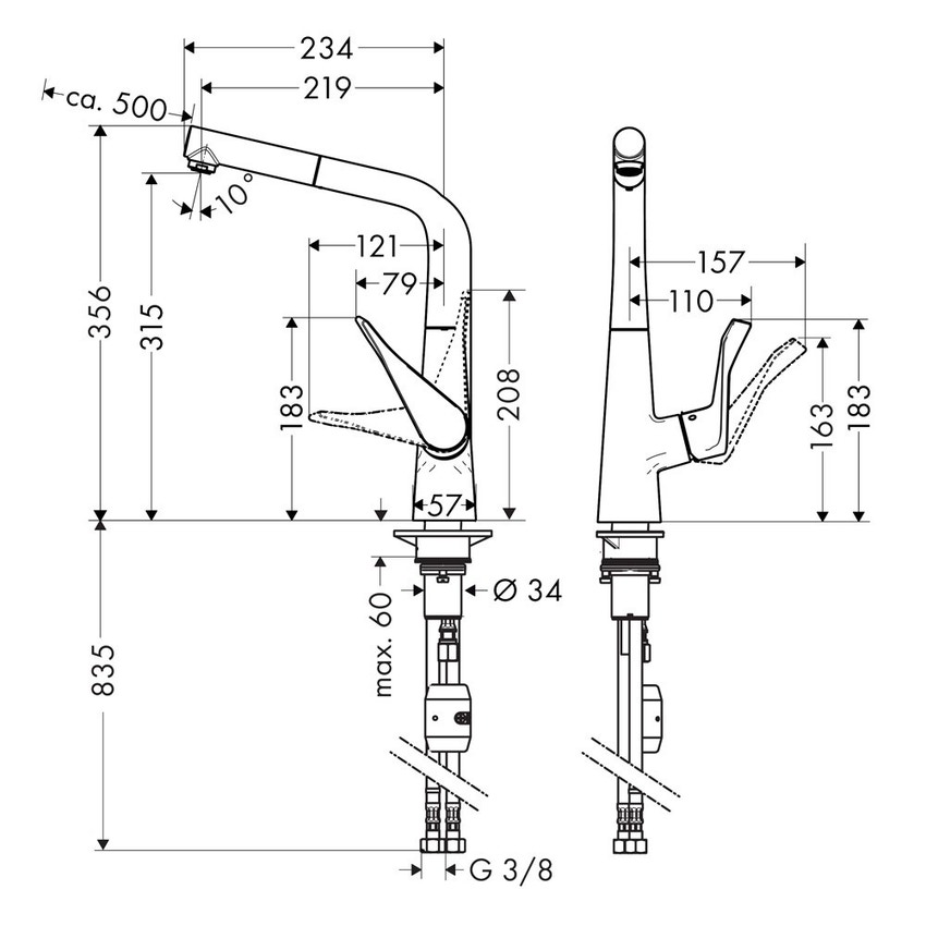Immagine di Hansgrohe METRIS miscelatore cucina monocomando 320, con bocca d'erogazione estraibile, 1 jet, finitura cromo 14821000