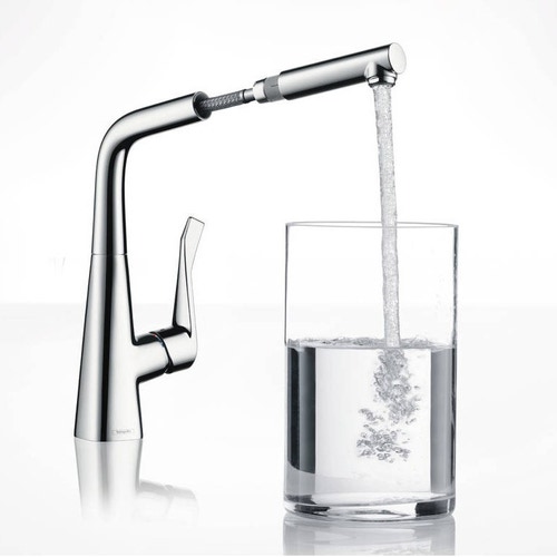 Immagine di Hansgrohe METRIS miscelatore cucina monocomando 320, con bocca d'erogazione estraibile, 1 jet,  finitura acciaio inox 14821800