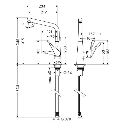 Immagine di Hansgrohe METRIS miscelatore cucina monocomando 320, 1 jet, finitura acciaio inox 14822800