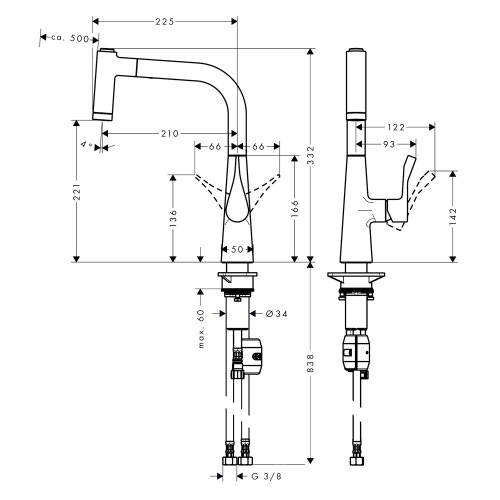 Immagine di Hansgrohe METRIS miscelatore cucina monocomando 220, con doccetta estraibile, 2 jet, finitura cromo 14834000