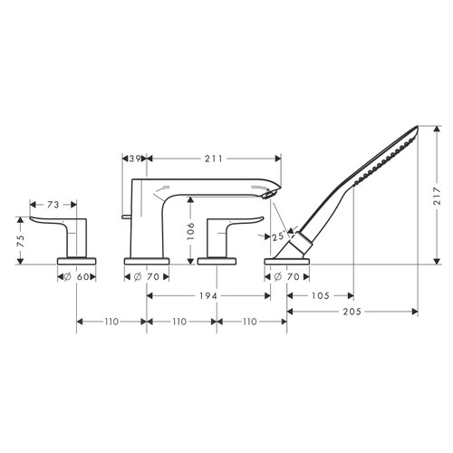 Immagine di Hansgrohe METRIS rubinetteria 4 fori, per bordo vasca, finitura cromo 31442000