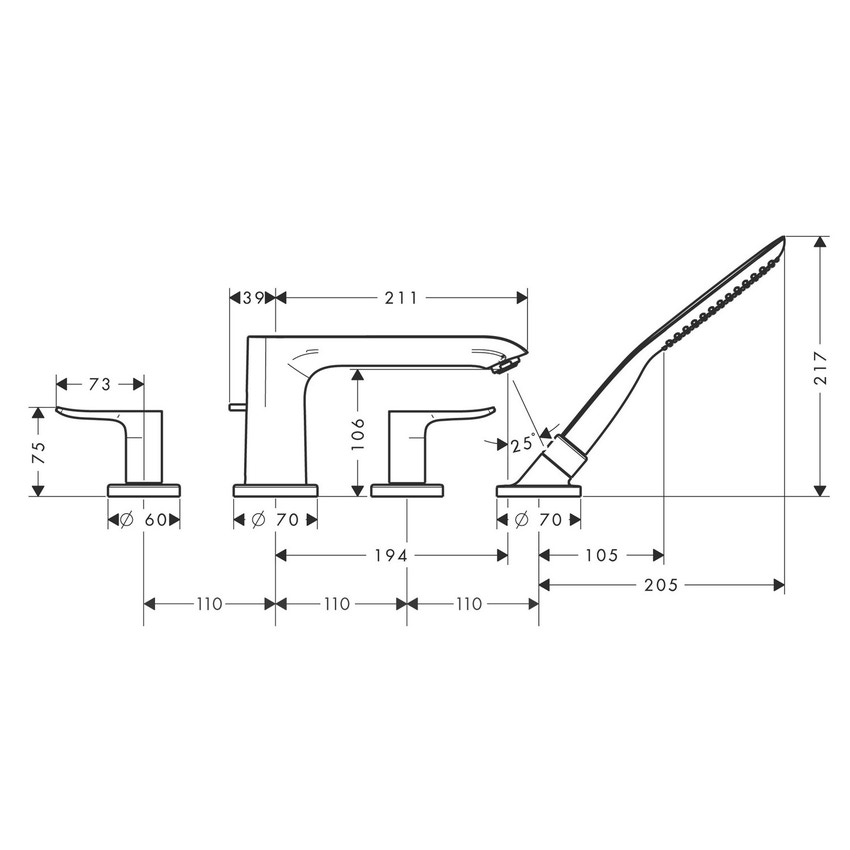 Immagine di Hansgrohe METRIS rubinetteria 4 fori, per bordo vasca, finitura cromo 31442000