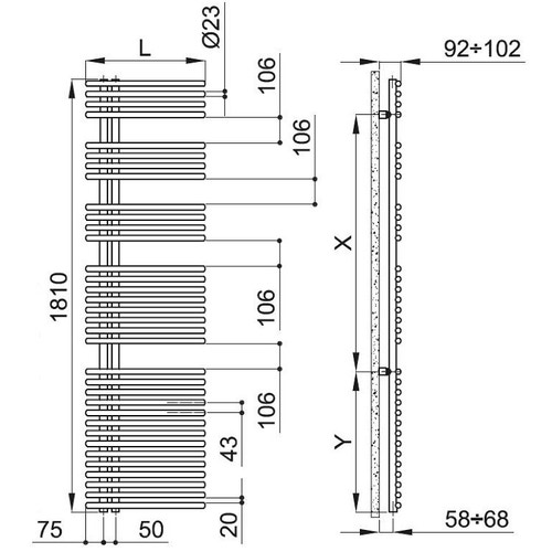 Immagine di Irsap FUNKY scaldasalviette, 34 tubi, 4 intervalli, H.181 L.60 P.6,2 cm, attacco sinistro, colore bianco finitura opaco FLG060BJ8IR01NNN