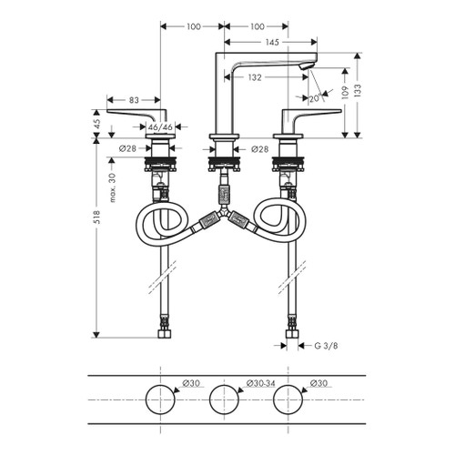 Immagine di Hansgrohe METROPOL rubinetteria 3 fori lavabo 110, con maniglia a leva e piletta push-open, finitura cromo 32514000