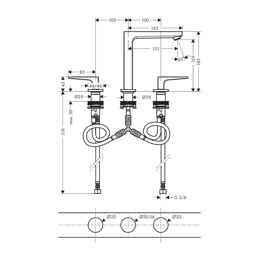Immagine di Hansgrohe METROPOL rubinetteria 3 fori lavabo 160, con maniglia a leva e piletta push-open, finitura cromo 32515000