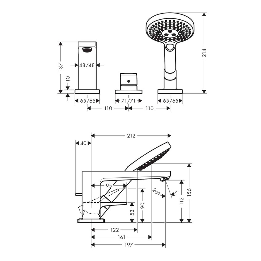 Immagine di Hansgrohe METROPOL rubinetteria 3 fori monocomando, bordo vasca, con maniglia a leva e Secuflex, finitura cromo 32550000