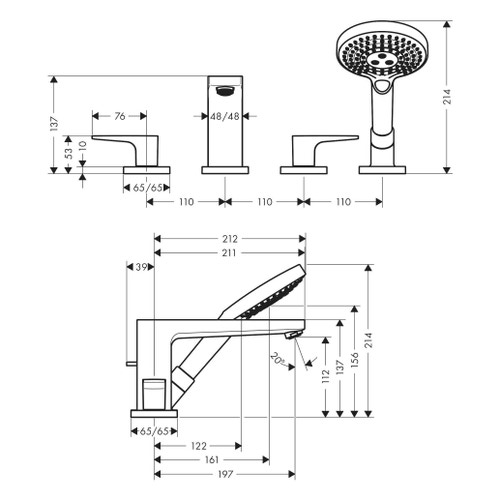 Immagine di Hansgrohe METROPOL rubinetteria 3 fori, monocomando, bordo vasca, con maniglia a staffa e Secuflex, finitura cromo 32552000