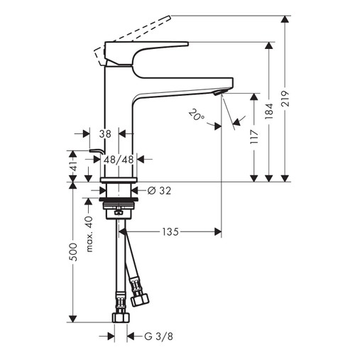 Immagine di Hansgrohe METROPOL miscelatore monocomando lavabo 110, con maniglia a staffa, scarico e saltarello, finitura cromo 74506000