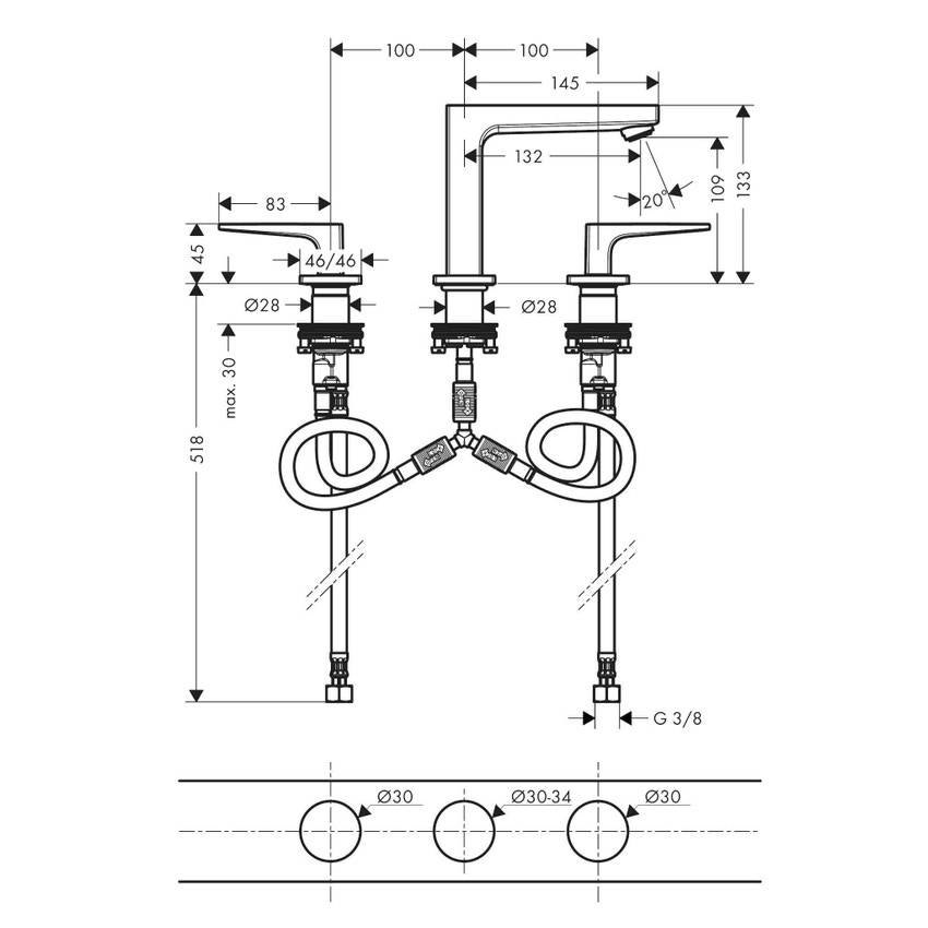 Immagine di Hansgrohe METROPOL rubinetteria 3 fori lavabo 110, con maniglia staffa e piletta push-open, finitura cromo 74514000