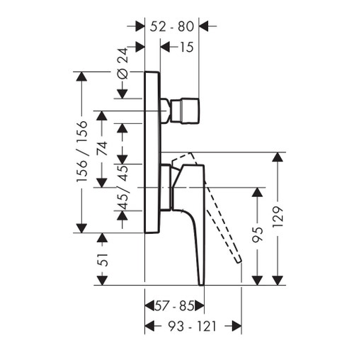 Immagine di Hansgrohe METROPOL miscelatore monocomando vasca, ad incasso, per installazione nascosta, con combinazione di sicurezza e maniglia a staffa, finitura cromo 74546000