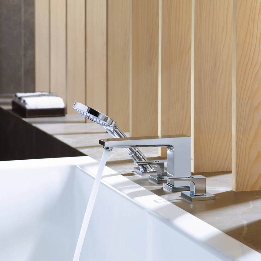 Immagine di Hansgrohe METROPOL rubinetteria 4 fori, bordo vasca, con maniglia a staffa e Secuflex, finitura cromo 74552000