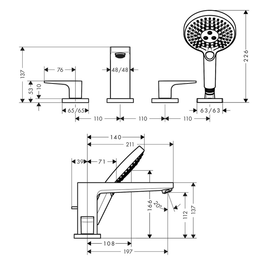 Immagine di Hansgrohe METROPOL rubinetteria 4 fori, bordo vasca, con maniglia a staffa e Secuflex, finitura cromo 74552000