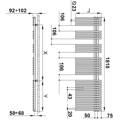 Immagine di Irsap FUNKY scaldasalviette, 34 tubi, 4 intervalli, H.181 L.50 P.6,2 cm, attacco destro, colore bianco FRG050B01IR01NNN01