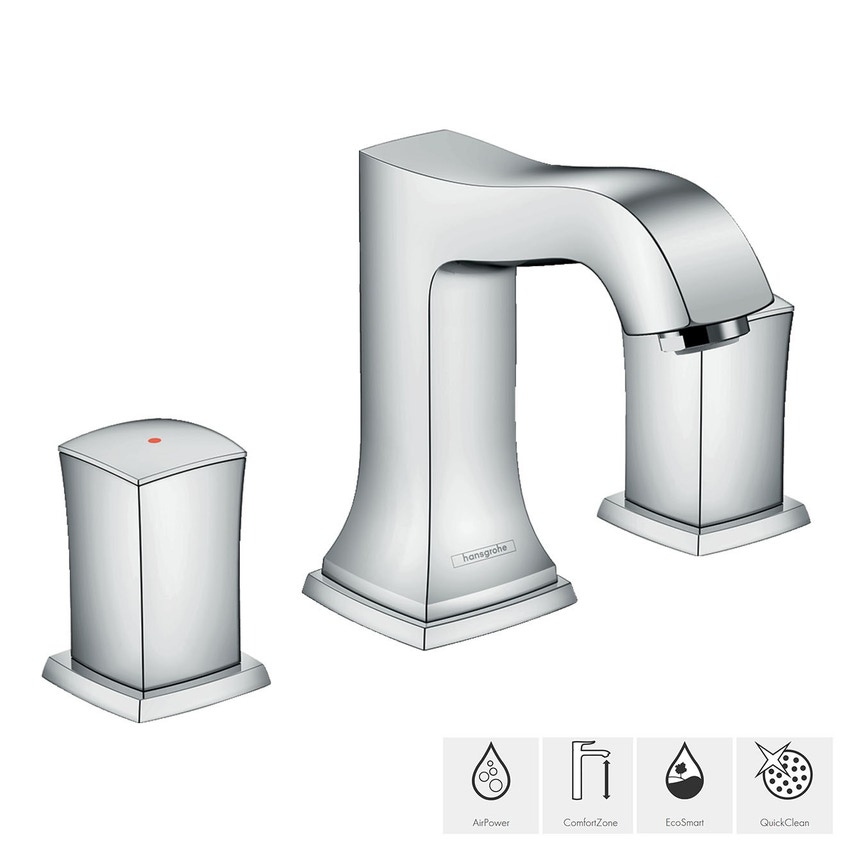 Immagine di Hansgrohe METROPOL CLASSIC rubinetteria 3 fori lavabo 110 medio con maniglia zero e push-open finitura cromo 31304000