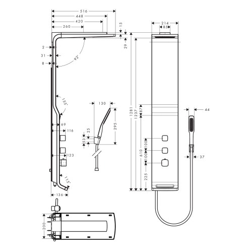 Immagine di Hansgrohe RAINDANCE pannello doccia Lift 180, 2 jet, per installazione esterna, finitura cromo satinato 27008000