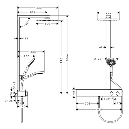 Immagine di Hansgrohe RAINDANCE E showerpipe 300, 1 jet, EcoSmart 9 l/min, con ShowerTablet 600, finitura cromo 27364000