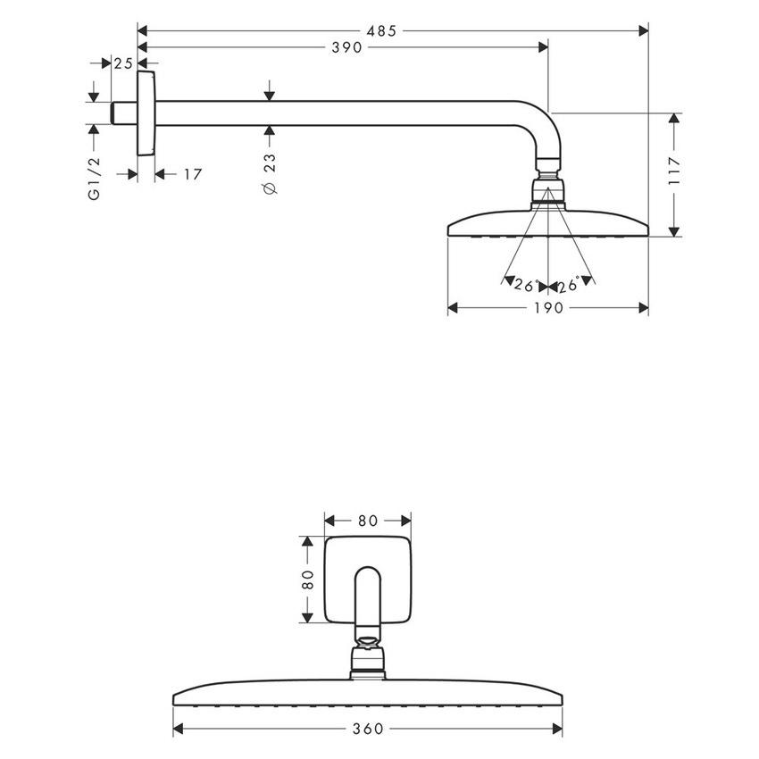 Immagine di Hansgrohe RAINDANCE E soffione doccia 360, 1 jet, con braccio doccia P.48,5 cm, finitura cromo 27376000