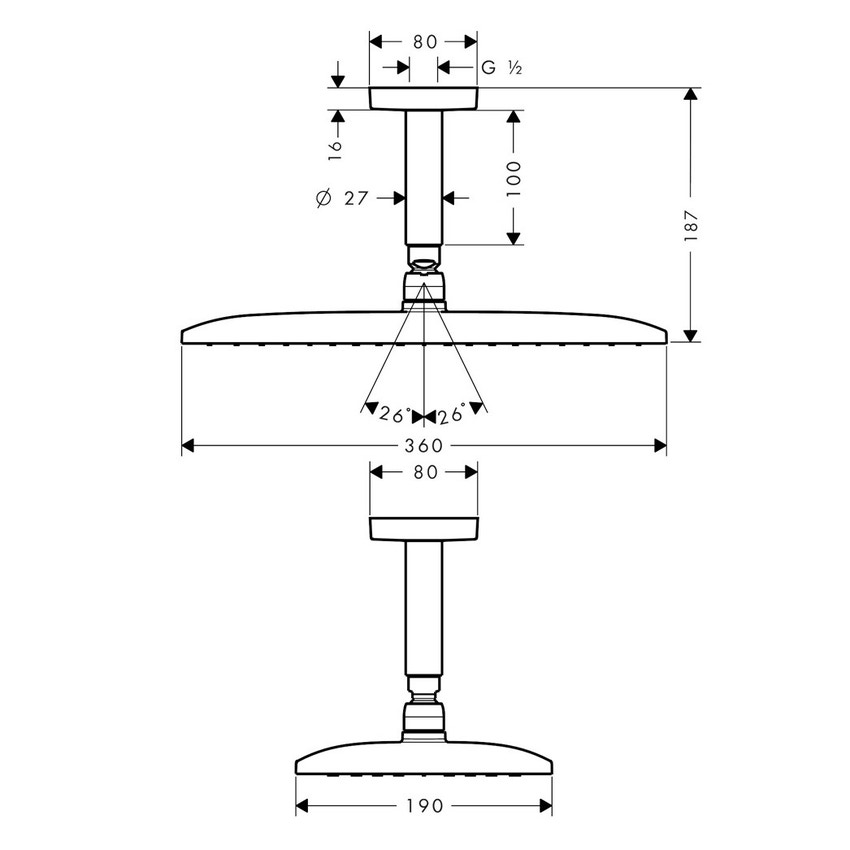 Immagine di Hansgrohe RAINDANCE E soffione doccia 360, 1 jet, con connessione soffitto, finitura cromo 27381000