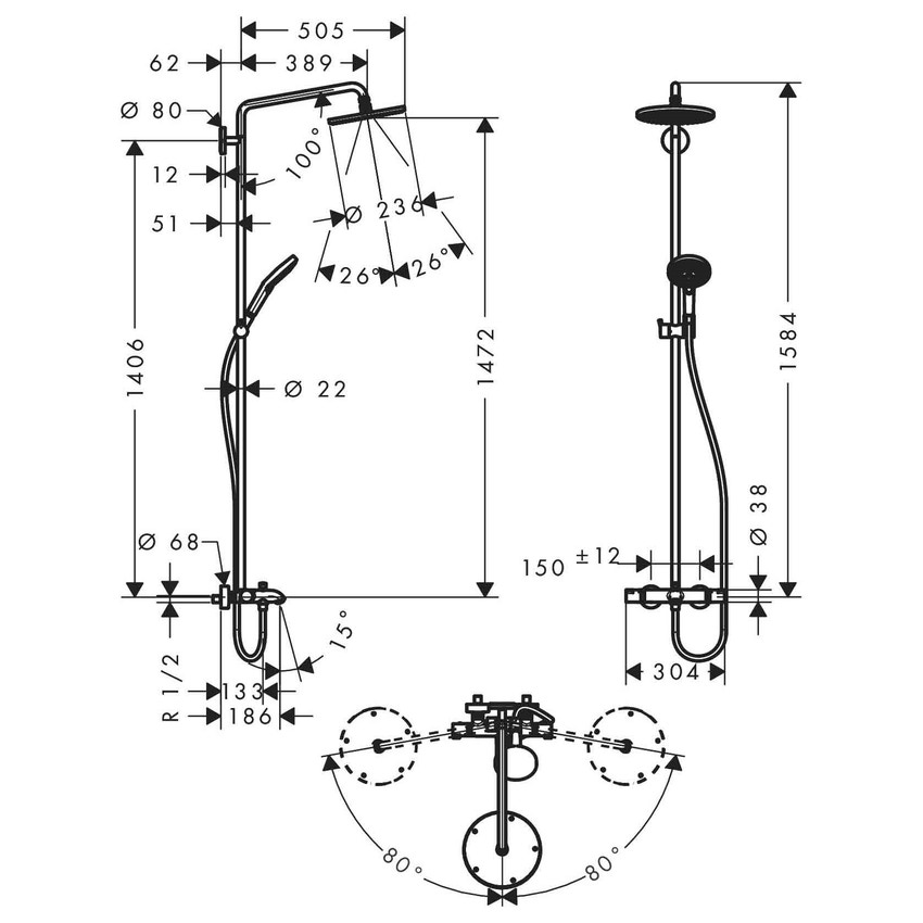 Immagine di Hansgrohe RAINDANCE S showerpipe 240, 1 jet, con termostatico vasca, finitura cromo 27117000