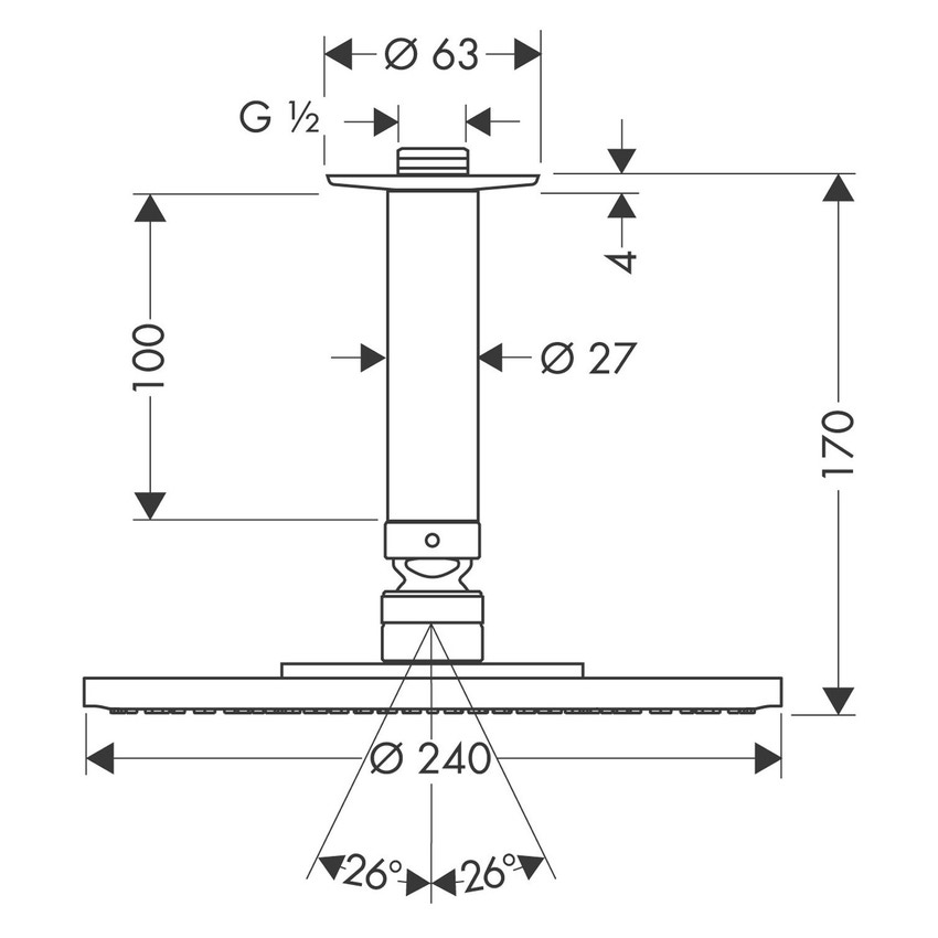 Immagine di Hansgrohe RAINDANCE S soffione doccia 240, 1 jet, EcoSmart 9 l/min, con connessione a soffitto, finitura cromo 27463000