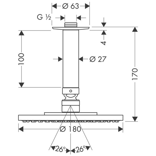 Immagine di Hansgrohe RAINDANCE S soffione doccia 180, 1 jet, con connessione soffitto, finitura cromo 27478000
