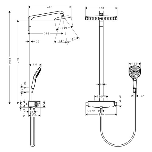 Immagine di Hansgrohe RAINDANCE E showerpipe 360, 1 jet, con termostatico, finitura cromo e bianco 27112400