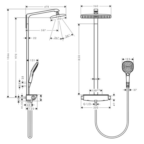 Immagine di Hansgrohe RAINDANCE E showerpipe 360, EcoSmart 9 l/min, con termostatico, finitura cromo 27286000