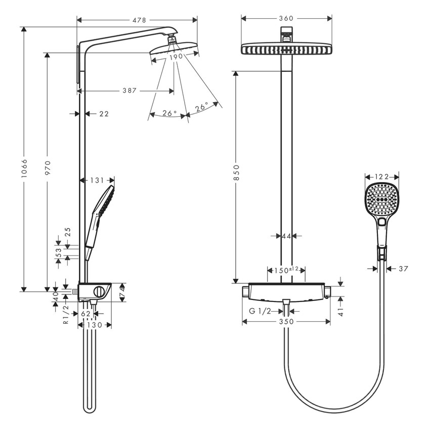 Immagine di Hansgrohe RAINDANCE E showerpipe 360, EcoSmart 9 l/min, con termostatico, finitura cromo 27286000