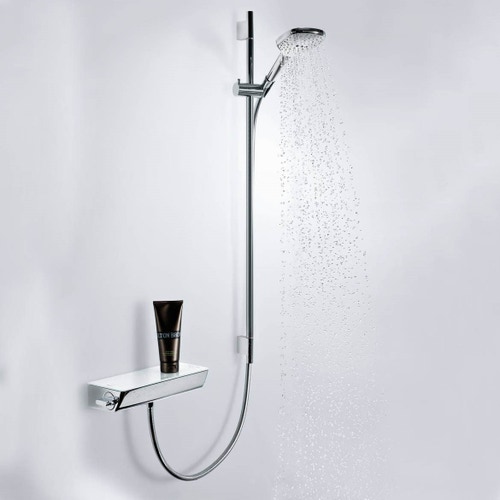 Immagine di Hansgrohe RAINDANCE SELECT E set doccia 120, 3 jet, EcoSmart 9 l/min, con asta doccia 90 cm e portasapone, finitura cromo 26623000