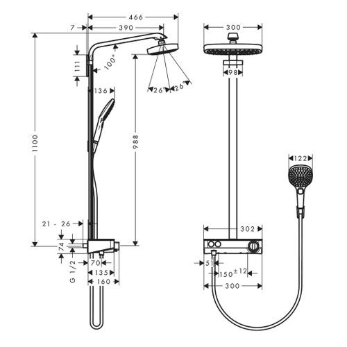 Immagine di Hansgrohe RAINDANCE SELECT E showerpipe 300, 2 jet, con ShowerTablet select 300, finitura cromo e bianco 27126400