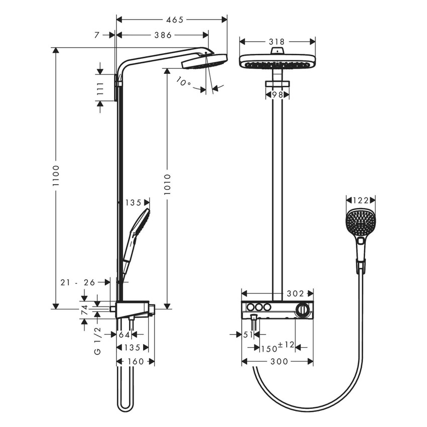 Immagine di Hansgrohe RAINDANCE SELECT E showerpipe 200, 3 jet, con Showertablet select 300, finitura cromo e bianco 27127400