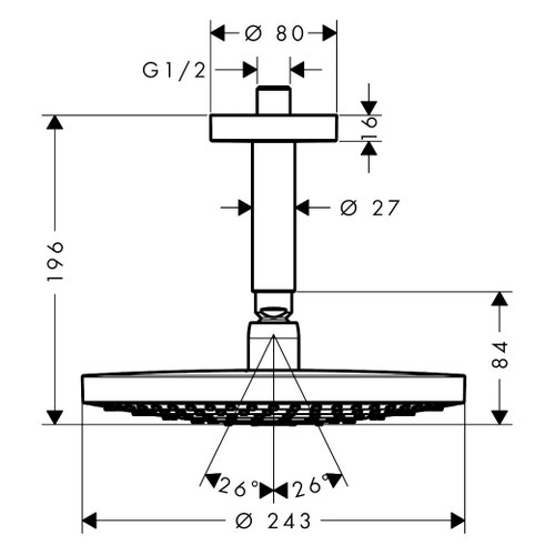 Immagine di Hansgrohe RAINDANCE SELECT S soffione doccia 240, 2 jet, con connessione soffitto, finitura cromo 26467000