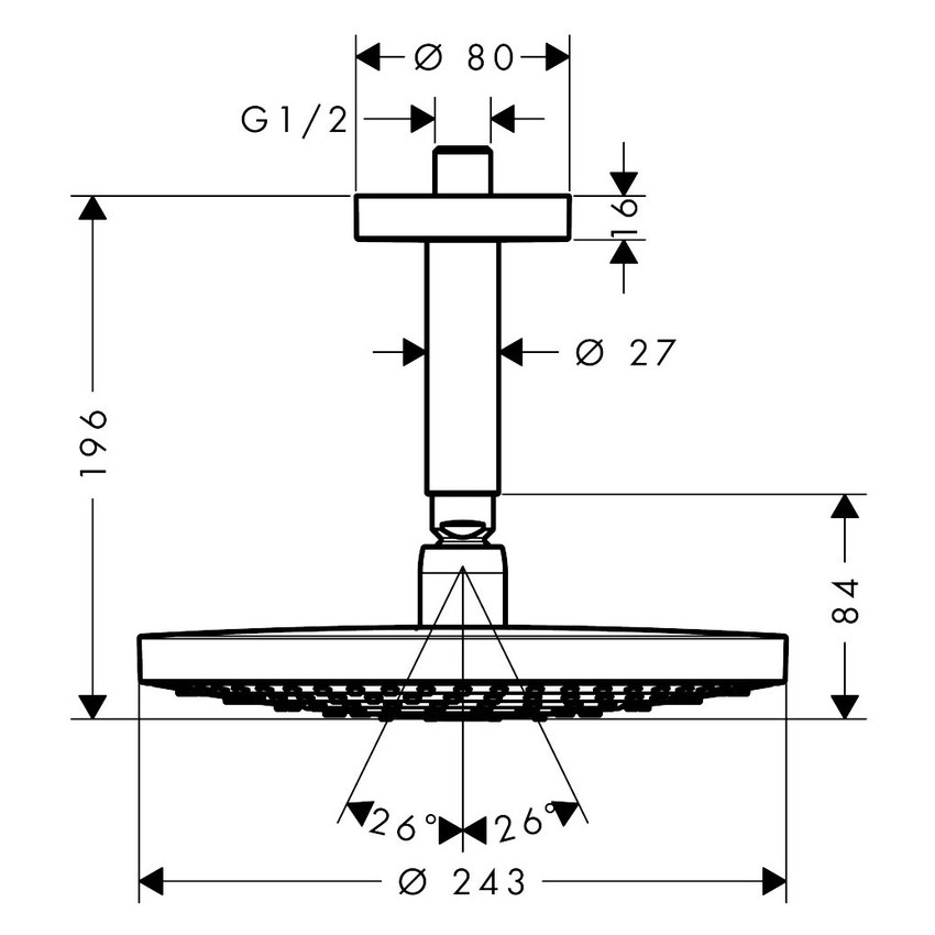 Immagine di Hansgrohe RAINDANCE SELECT S soffione doccia 240, 2 jet, con connessione soffitto, finitura cromo e bianco 26467400