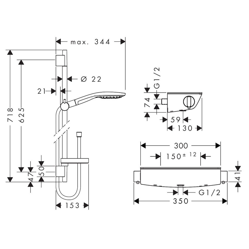 Immagine di Hansgrohe RAINDANCE SELECT S sistema doccia esterno 150, con termostatico Ecostat Select e asta doccia 65 cm, finitura cromo e bianco 27036400