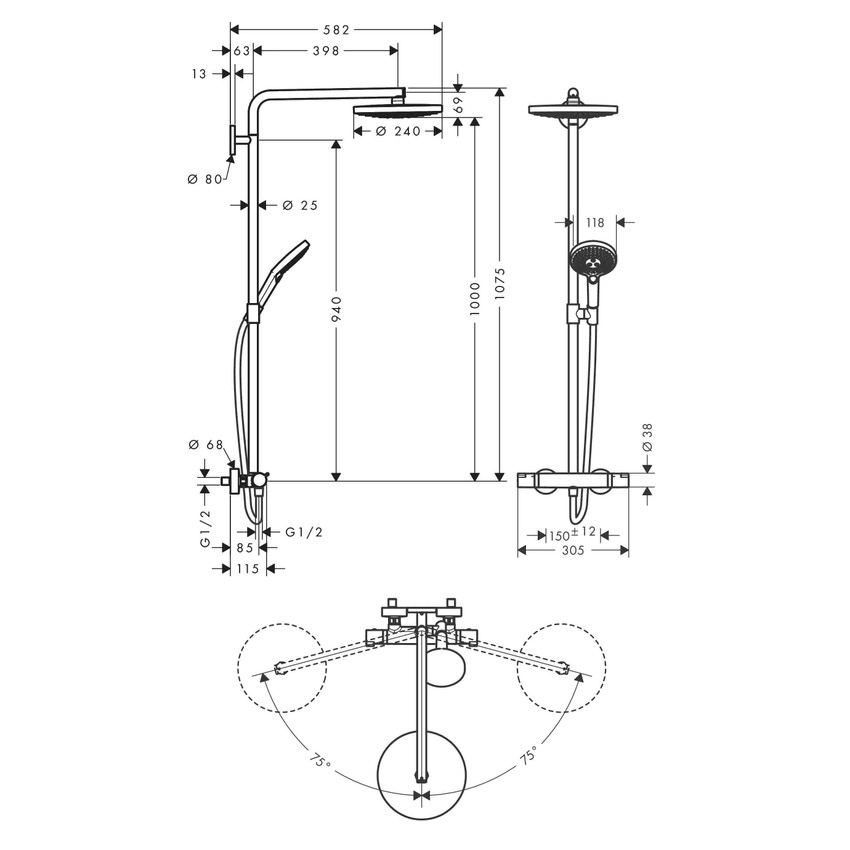 Immagine di Hansgrohe RAINDANCE SELECT S showerpipe 240, 2 jet, con termostatico, finitura cromo e bianco 27129400