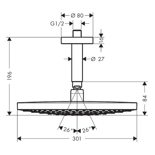 Immagine di Hansgrohe RAINDANCE SELECT S soffione doccia 300, 2 jet, con connessione soffitto, finitura cromo 27337000