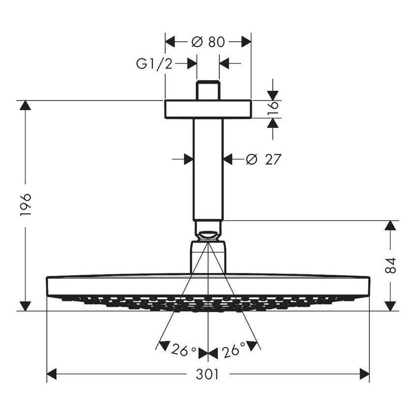 Immagine di Hansgrohe RAINDANCE SELECT S soffione doccia 300, 2 jet, con connessione soffitto, finitura cromo 27337000