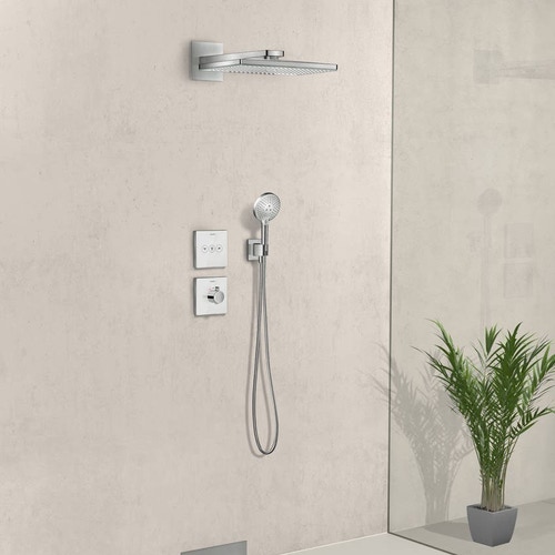 Immagine di Hansgrohe RAINMAKER SELECT soffione doccia 460, 2 jet, con braccio doccia, finitura cromo e bianco 24005400