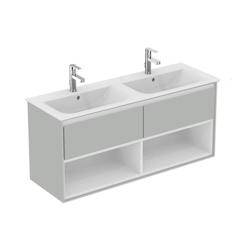 Immagine di Ideal Standard CONNECT AIR mobile sottolavabo 120 cm con 2 cassetti e 2 vani a giorno, finitura grigio lucido (esterno) e bianco matt (interno) E0829EQ