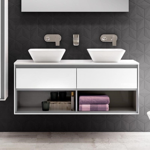 Immagine di Ideal Standard CONNECT AIR mobile sottolavabo 120 cm con 2 cassetti e 2 vani a giorno, finitura bianco lucido (esterno) e grigio chiaro matt (interno) E0829KN