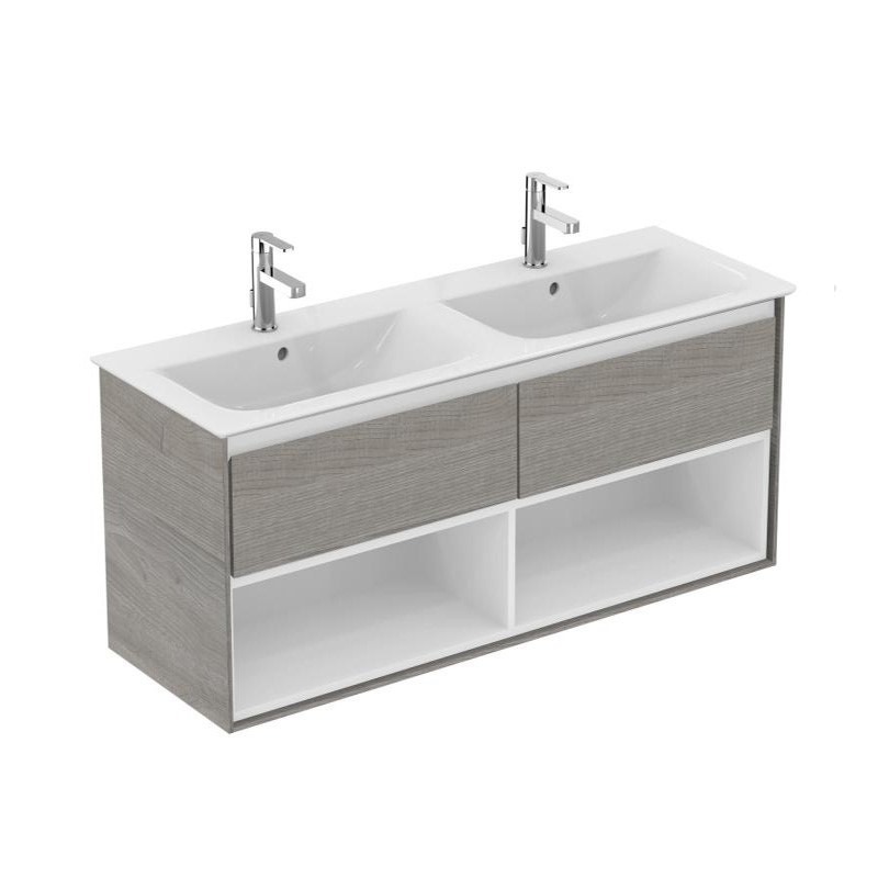 Immagine di Ideal Standard CONNECT AIR mobile sottolavabo 120 cm con 2 cassetti e 2 vani a giorno, finitura legno grigio (esterno) e bianco matt (interno) E0829PS