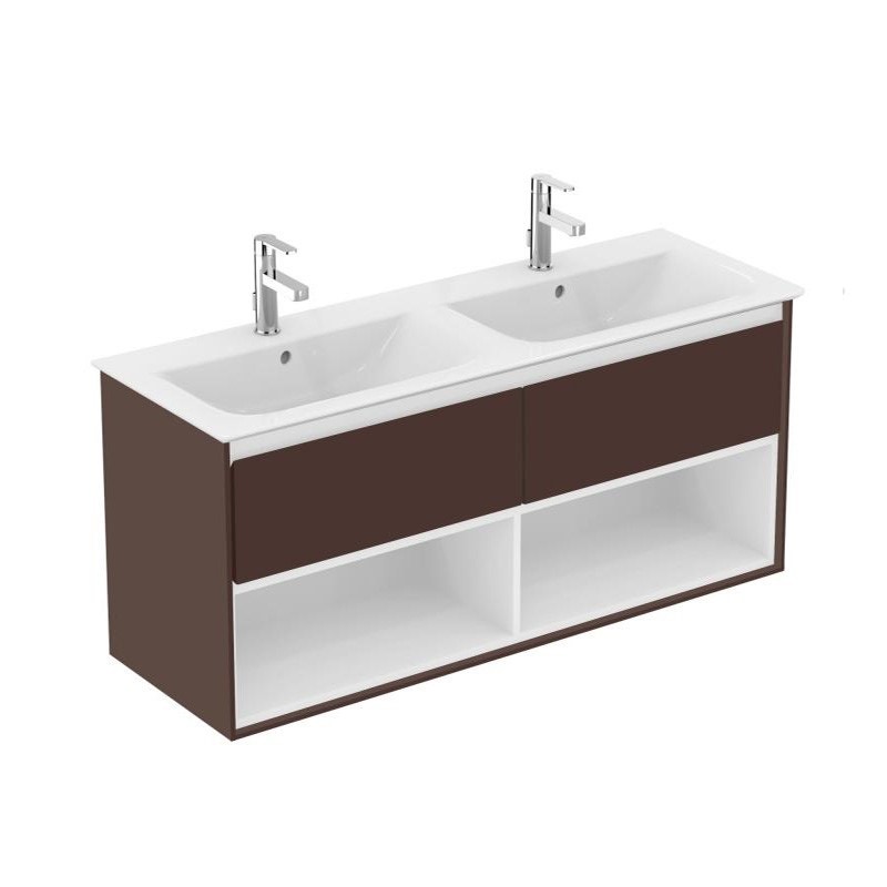 Immagine di Ideal Standard CONNECT AIR mobile sottolavabo 120 cm con 2 cassetti e 2 vani a giorno, finitura marrone scuro matt (esterno) e bianco matt (interno) E0829VY