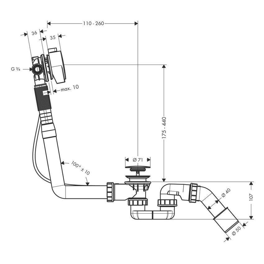 Immagine di Hansgrohe EXAFILL S set completo erogazione vasca, set scarico e troppopieno per vasche da bagno standard, finitura cromo 58113000