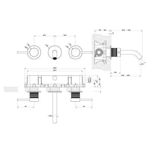 Immagine di Gessi 316 TRAME gruppo lavabo a parete P.14 cm, tre fori, senza scarico, finitura steel brushed 54392#239