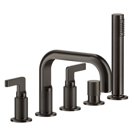 Immagine di Gessi INCISO- gruppo bordo vasca cinque fori, con bocca di erogazione, deviatore, flessibile 150 cm e doccetta anticalcare, finitura black metal brushed PVD 58040#707
