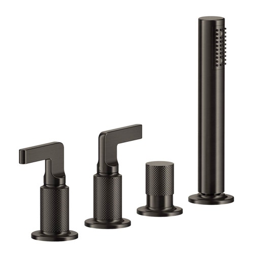 Immagine di Gessi INCISO- gruppo bordo vasca quattro fori, con deviatore, flessibile 150 cm e doccetta anticalcare, erogazione alla colonna vasca, finitura black metal brushed PVD 58043#707